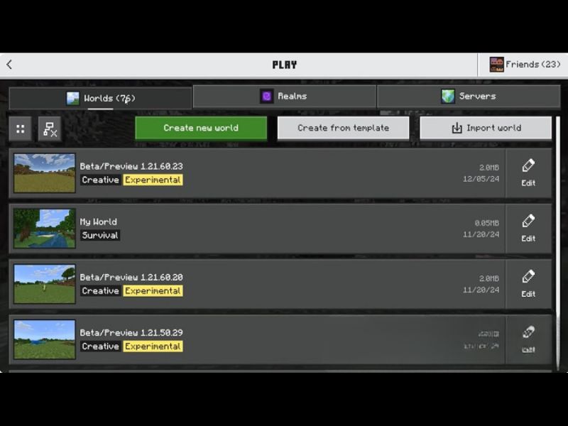 Giao diện Play trong Minecraft 1.21.51