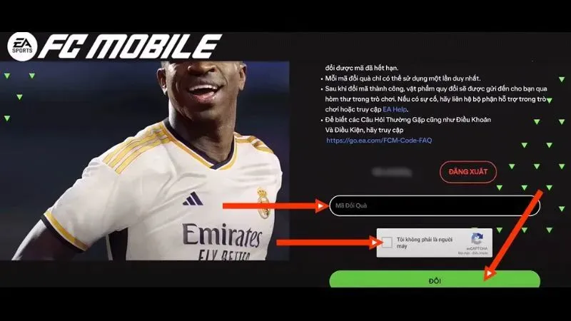 Đăng nhập tài khoản > Nhập code FC Mobile