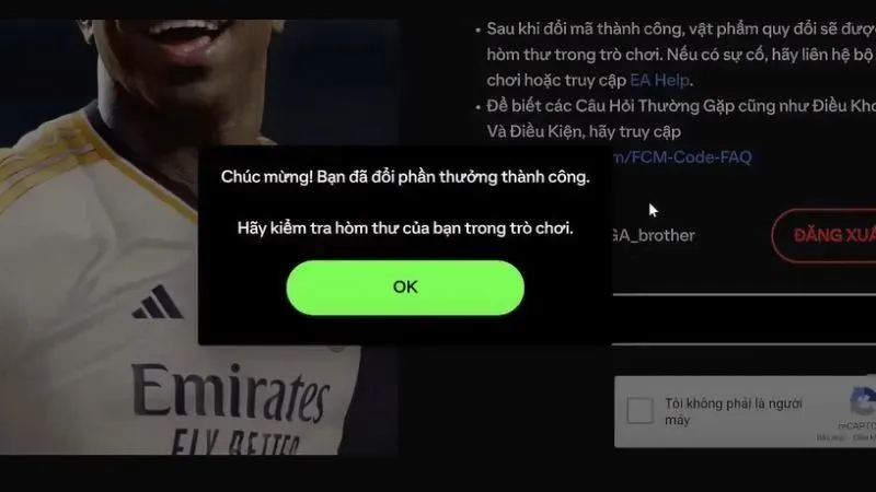 Hiển thị thông báo đã đổi thưởng thành công