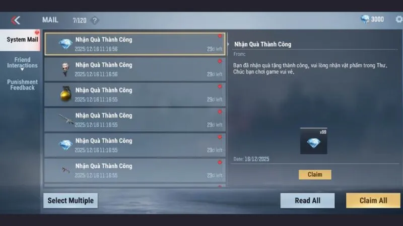 Nhận phần thưởng trong game