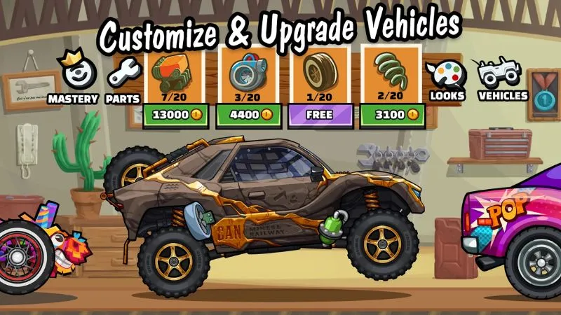 Nâng cấp và tùy chỉnh xe trong Hack Hill Climb Racing 2